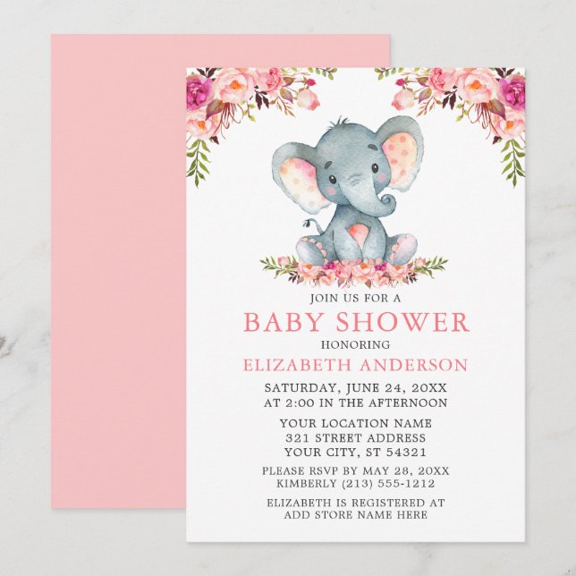 Invitation Aquarelle rose Blush Baby shower Floral Eléphant (Devant / Derrière)