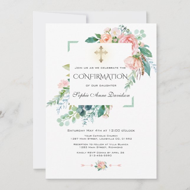 Invitation Aquarelle rose Blush Blanc Floral Confirmation (Devant)
