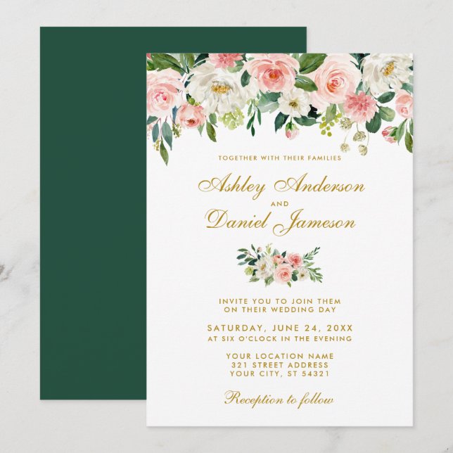 Invitation Aquarelle rose Blush Blanc Floral Mariage D'Or G (Devant / Derrière)