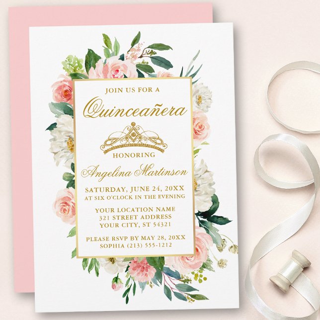 Invitation Aquarelle rose Blush Blanc Floral Quinceanera (Customize to change text color, style, add text & photos to back or change color of back of card.)