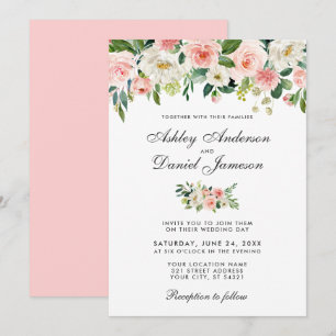 Invitation Aquarelle rose Blush et blanc Mariage Floral P