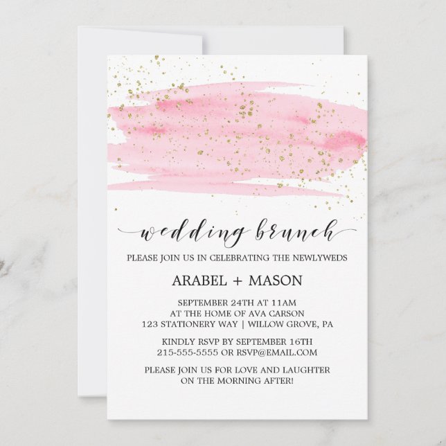 Invitation Aquarelle rose Blush et Mariage or Brunch (Devant)