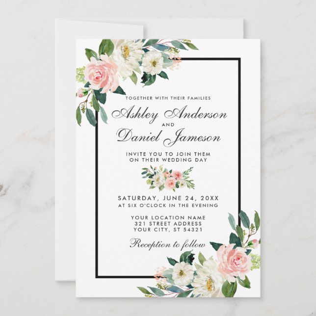 Invitation Aquarelle rose Blush Floral Blanc Mariage (Devant)