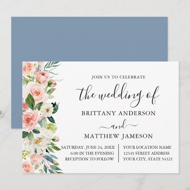 Invitation Aquarelle rose Blush Floral Dusty Blue Mariage (Devant / Derrière)