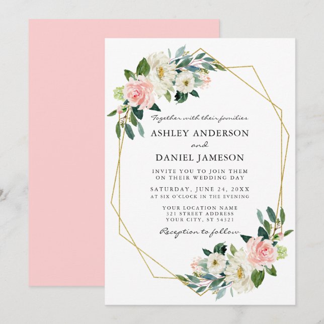 Invitation Aquarelle Rose Blush Floral Elégant Or Frame (Devant / Derrière)