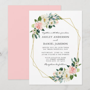 Invitation Aquarelle Rose Blush Floral Elégant Or Frame