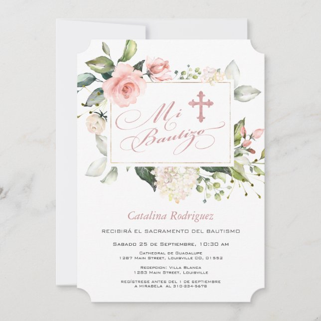 Invitation Aquarelle rose Blush Floral Frame Cross Baptême (Devant)