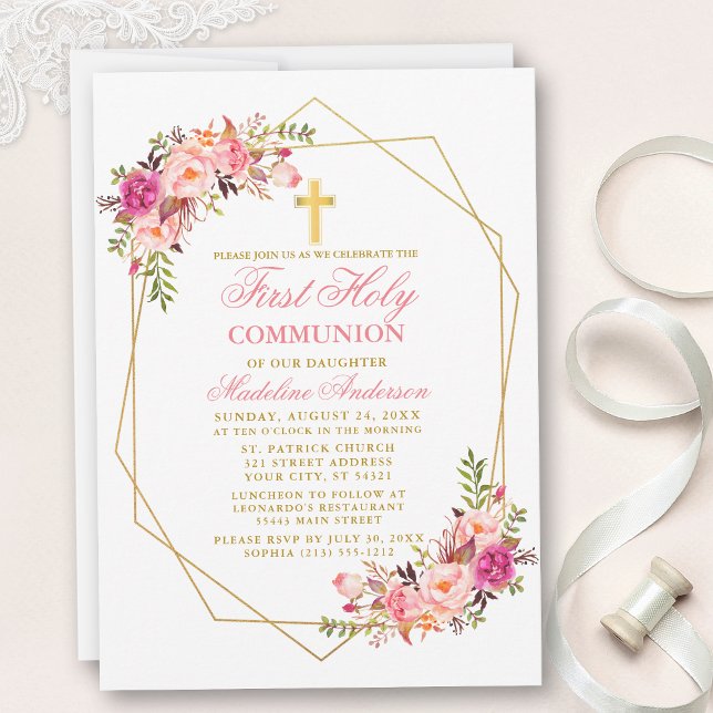 Invitation Aquarelle rose Blush Floral Geo Frame Communion (Customize to change text size, color, style or to add more text and photos to back of card.)