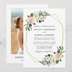 Invitation Aquarelle rose Blush Floral Gold Frame Photo