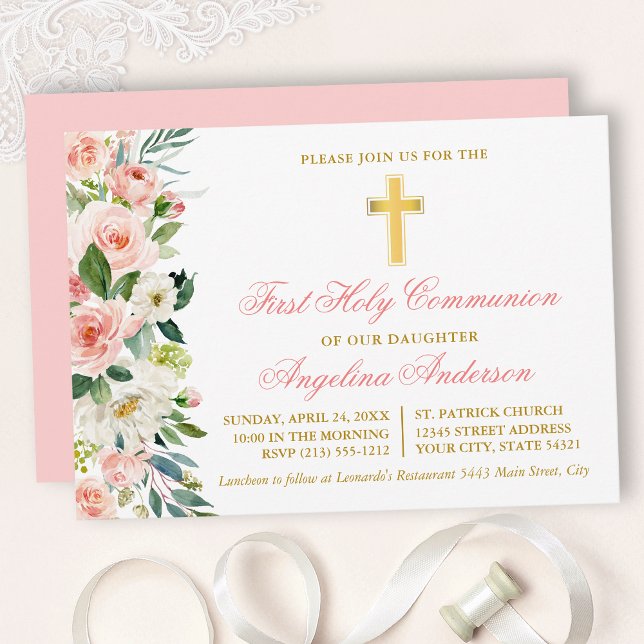 Invitation Aquarelle rose Blush Floral Gold Première communio (Customize to change text color, size, style or to change color of back of card.)