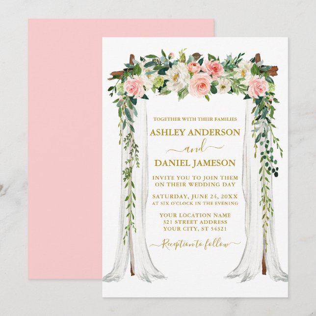 Invitation Aquarelle rose Blush Floral Mariage Canopy Or (Devant / Derrière)