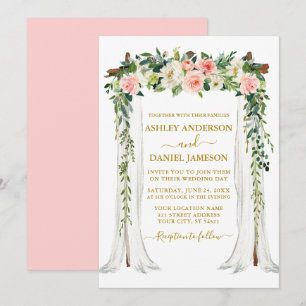 Invitation Aquarelle rose Blush Floral Mariage Canopy Or