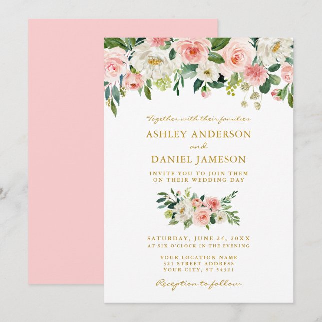 Invitation Aquarelle rose Blush Floral Mariage or (Devant / Derrière)