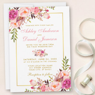 Invitation Aquarelle rose Blush Floral Mariage or