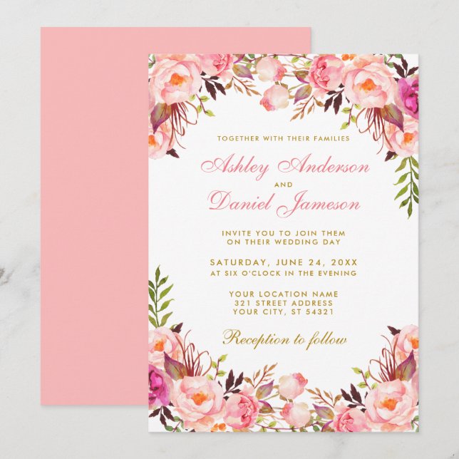 Invitation Aquarelle rose Blush Floral Mariage or (Devant / Derrière)