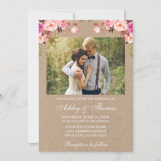 Invitation Aquarelle rose Blush Floral Mariage photo Kraft (Devant)