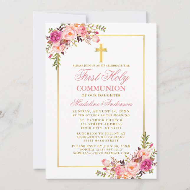 Invitation Aquarelle rose Blush Floral Première Communion Or (Devant)