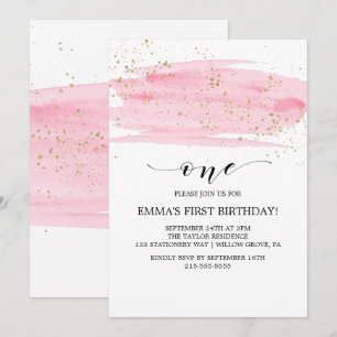 Invitation Aquarelle rose Blush & Gold Sparkday 1er anniversa