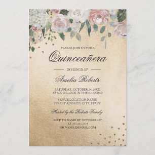Invitation Aquarelle rose Blush or Quinceanera Florale