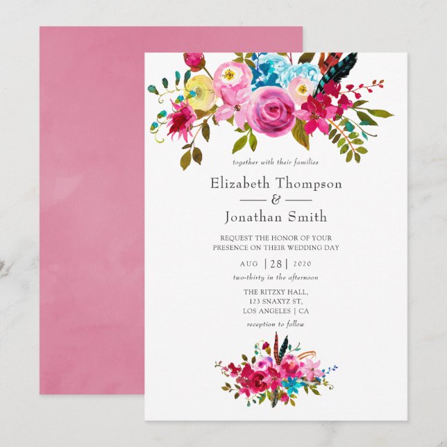 Invitation Aquarelle rose Boho Chic Floral Mariage (Devant / Derrière)