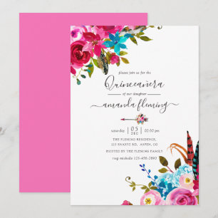 Invitation Aquarelle rose Boho Chic Floral Quinceañera