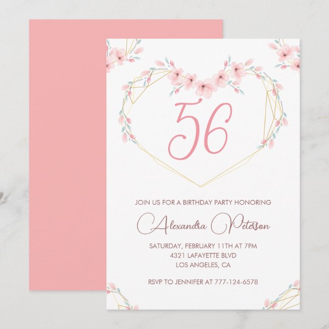Invitation Aquarelle rose Boho floral 56e anniversaire (Devant / Derrière)
