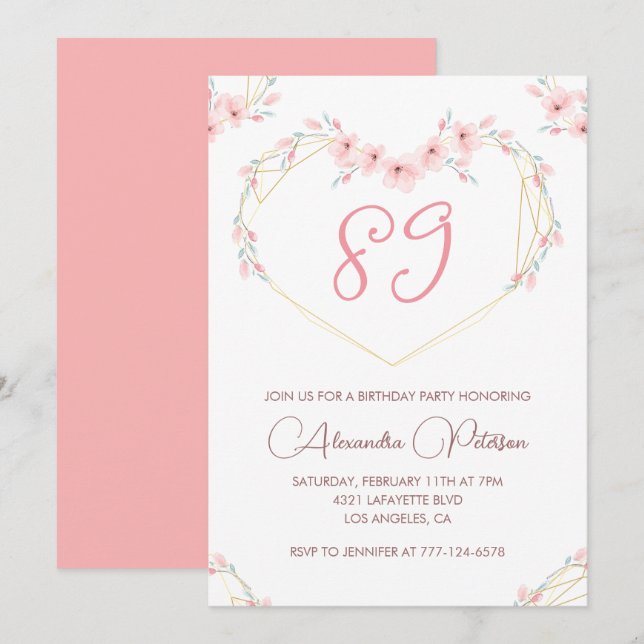 Invitation Aquarelle rose Boho floral 89e anniversaire (Devant / Derrière)