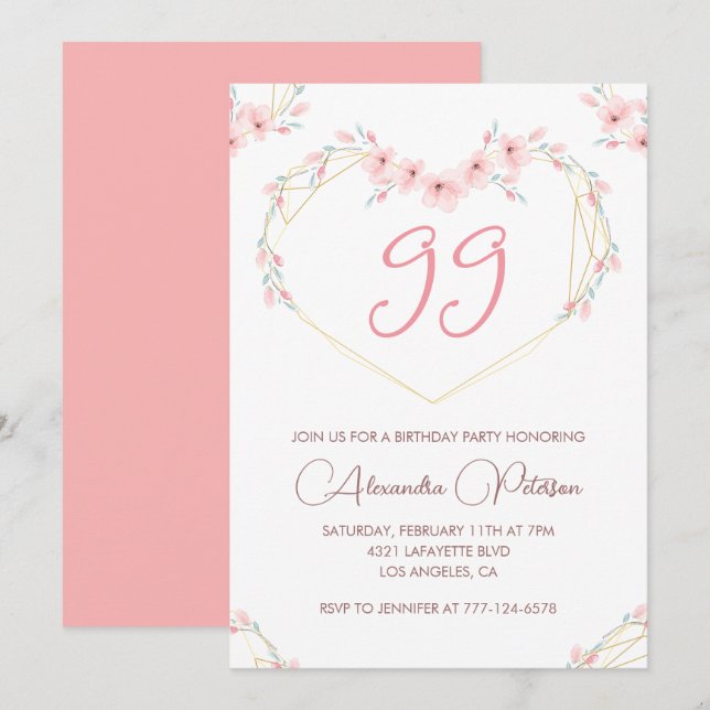 Invitation Aquarelle rose Boho floral 99e anniversaire (Devant / Derrière)