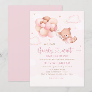 Invitation Aquarelle rose Boho Teddy Bear Girl Baby shower