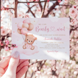 Invitation Aquarelle rose Boho Teddy Bear Girl Baby shower