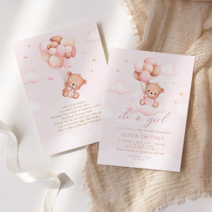 Invitation Aquarelle rose Boho Teddy Bear Girl Baby shower
