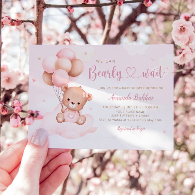 Invitation Aquarelle rose Boho Teddy Bear Girl Baby shower (Créateur téléchargé)