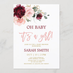 Invitation Aquarelle rose bordeaux Baby shower floral fille
