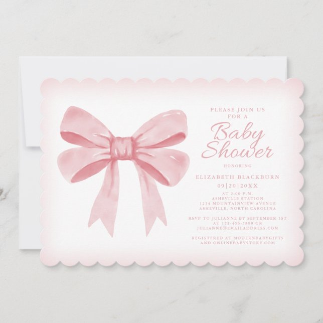 Invitation Aquarelle rose Bow Girl Baby Elegant Douche Blush (Devant)