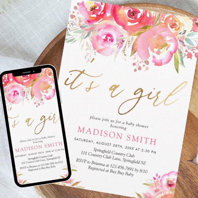 Invitation Aquarelle rose brillant Floral Baby Girl Douche (Créateur téléchargé)