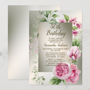 Invitation Aquarelle rose cadre floral brillant Bronze élégan