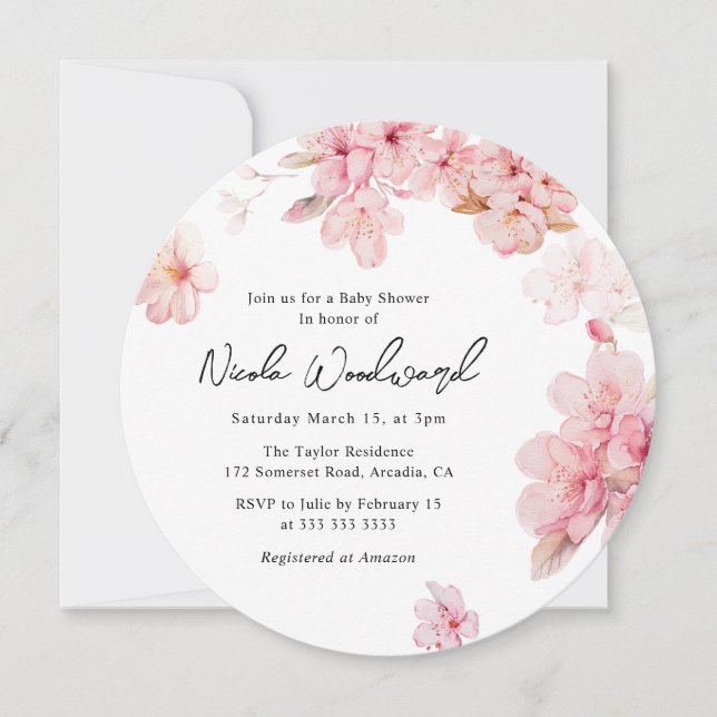 Invitation Aquarelle rose cerisier Baby shower de couronne (Devant)