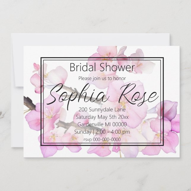 Invitation Aquarelle rose cerisier fleurs douche nuptiale (Devant)