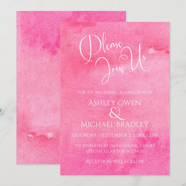 Invitation Aquarelle rose chaud Élégante Typographie Mariage  (Devant / Derrière)