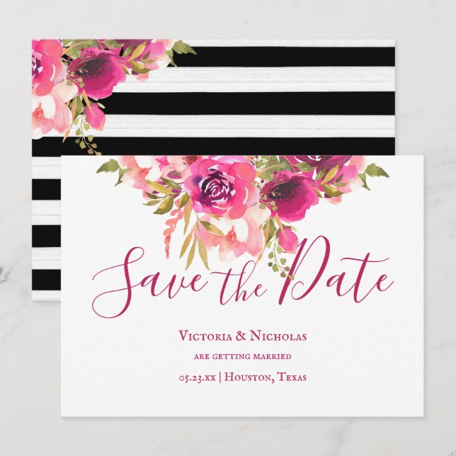 Invitation Aquarelle rose chaud Floral Enregistrer la date (Devant / Derrière)