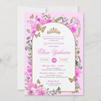 Invitation Aquarelle rose chaud Golden Butterfly Quinceañera
