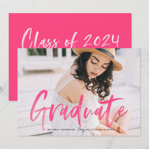 Invitation Aquarelle rose chaud Lettrage photo Graduation