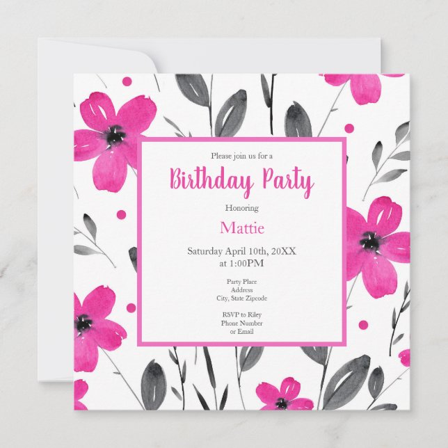 Invitation Aquarelle rose chaud Motif Floral (Devant)