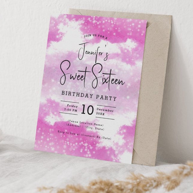 Invitation Aquarelle rose chaud Nuages doux 16 Partie (Hot Pink Watercolor Clouds Sweet 16 Party Invitation)