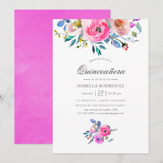 Invitation Aquarelle rose chaud Quinceañera (Devant / Derrière)