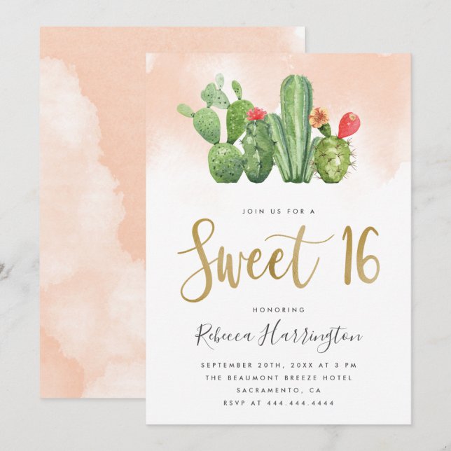 Invitation Aquarelle rose chic et cactus doux 16 (Devant / Derrière)