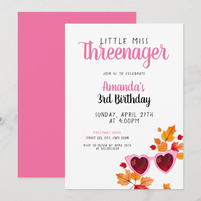 Invitation Aquarelle rose Chute lunettes de soleil 3e anniver (Devant / Derrière)