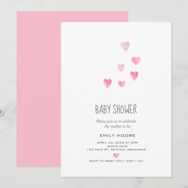 Invitation Aquarelle rose coeur roux baby shower simple (Devant / Derrière)
