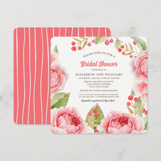 Invitation Aquarelle rose corail Fête des mariées florale (Devant / Derrière)