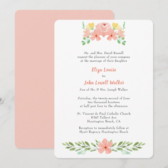 Invitation Aquarelle rose corail Florales Mariage Élégant (Devant / Derrière)